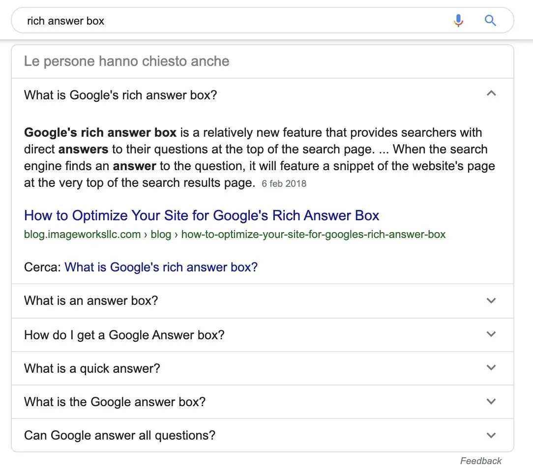 Esempio di risposta in evidenza nella SERP