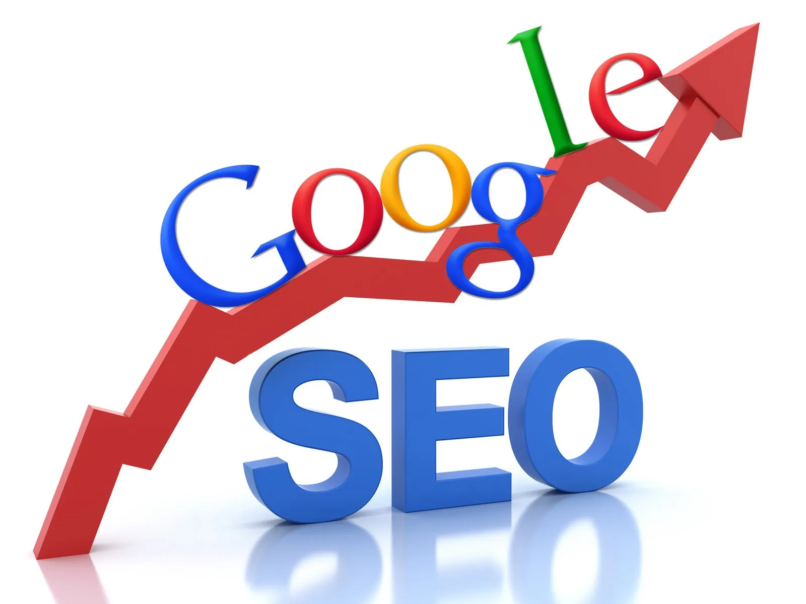 Scritta SEO con il logo di Google su una freccia di crescita