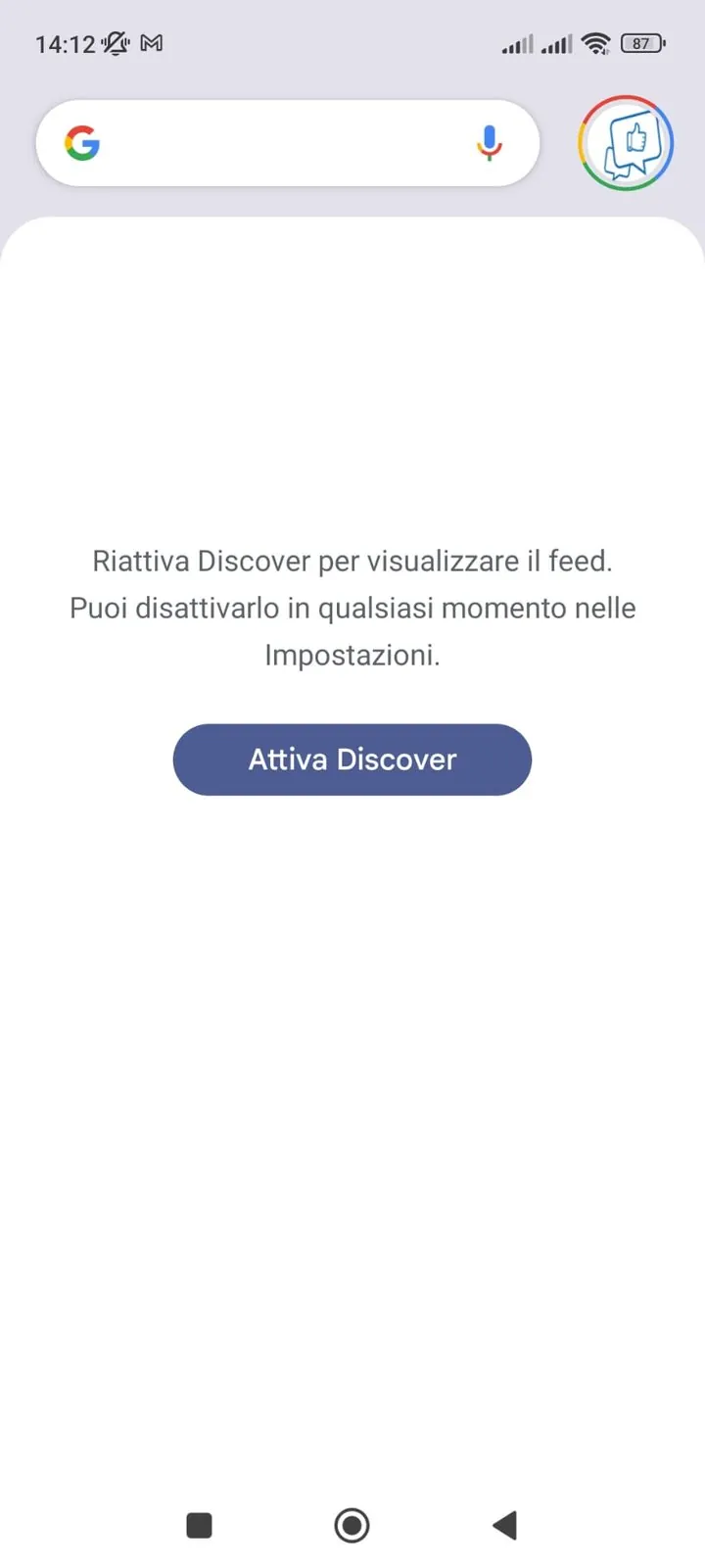 Google Discover disattivato