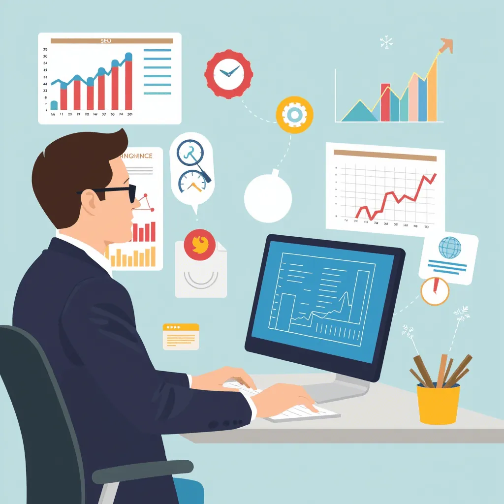 Illustrazione di uno specialista SEO al computer tra grafici e report