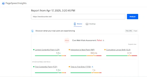 Analisi della velocità della pagina con PageSpeed Insights