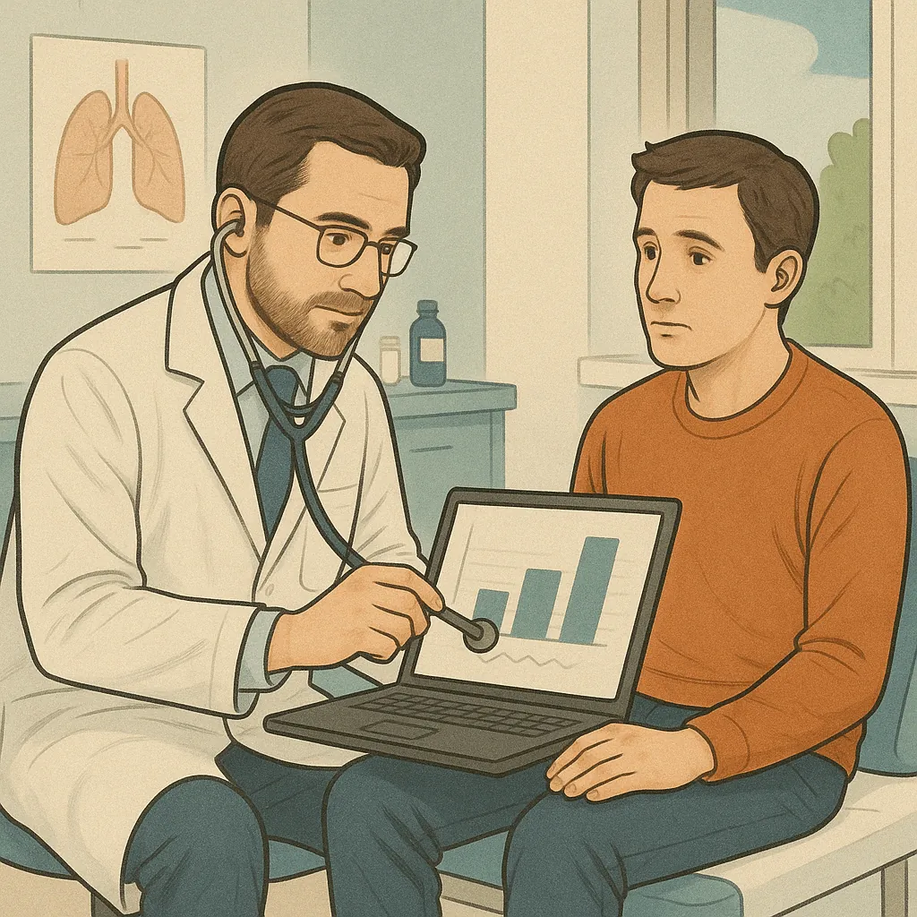 Medico che spiega un grafico al paziente: l'audit SEO come una visita di controllo