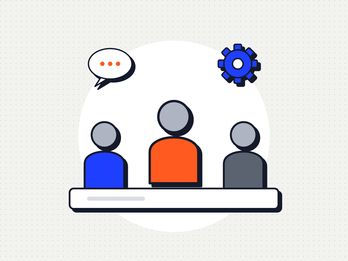 Tre persone al lavoro insieme con fumetto e ingranaggio: il SEO manager coordina la squadra