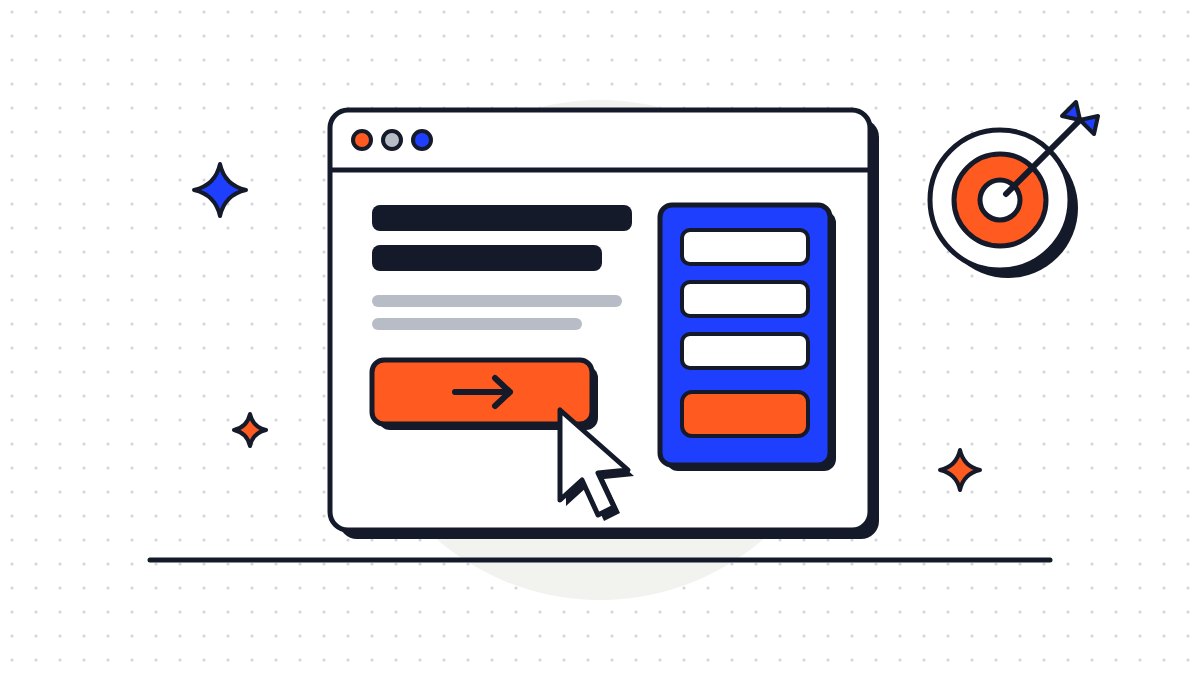 Una finestra del browser con titolo, pulsante arancio e modulo di contatto, un cursore sul pulsante e un bersaglio colpito