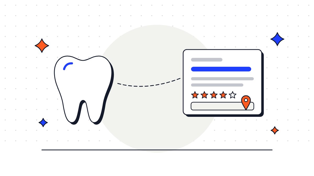 Un dente stilizzato accanto a una scheda di risultato di ricerca con una puntina sulla mappa e una fila di stelle di recensione