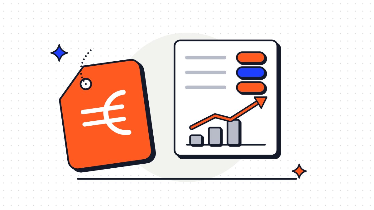 A price tag with a euro sign next to a price list and a rising chart