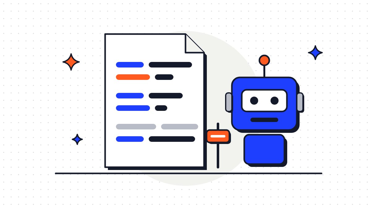 Un foglio di testo con righe di regole colorate, una sbarra arancio e un robot blu davanti al foglio