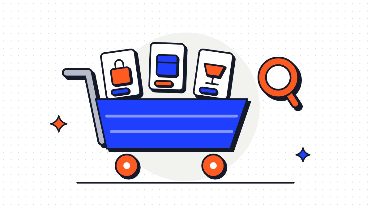 A shopping cart full of product cards and a magnifying glass