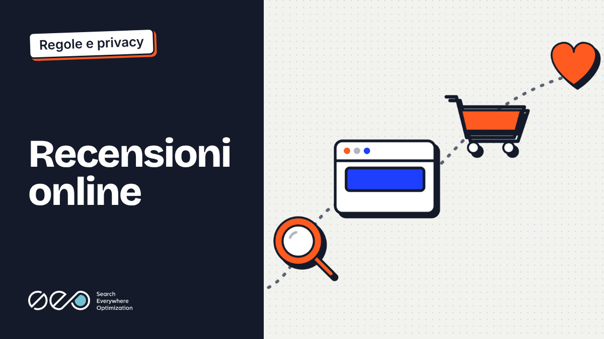 Copertina «Recensioni online»: fondo scuro e, accanto, il percorso di un cliente dalla ricerca al carrello fino a un cuore arancione