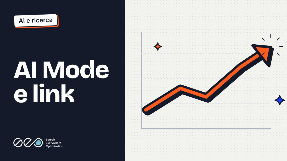 Copertina «AI Mode e link»: fondo scuro e, accanto, un grafico con una freccia arancione che sale verso l'alto