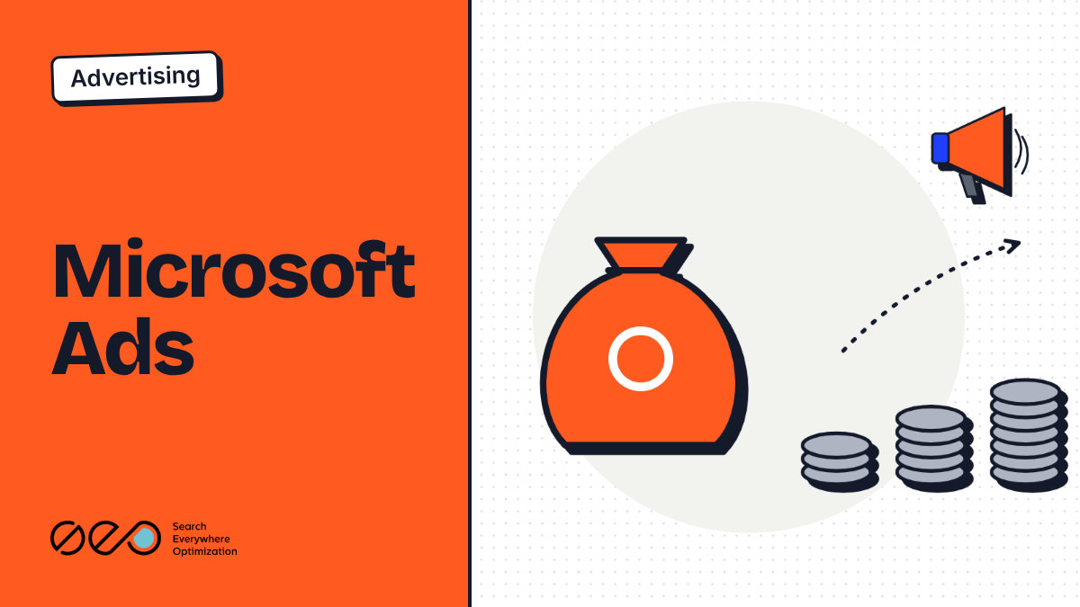 Copertina «Microsoft Ads»: pannello arancione e, accanto, un sacco di monete arancione, pile di monete e un megafono