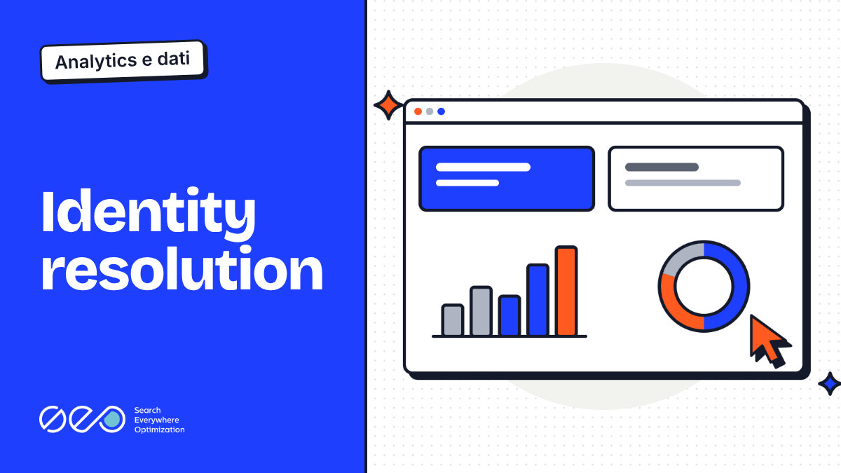Copertina «Identity resolution»: fondo blu e, accanto, una finestra del browser con grafici di misurazione e un cursore arancione