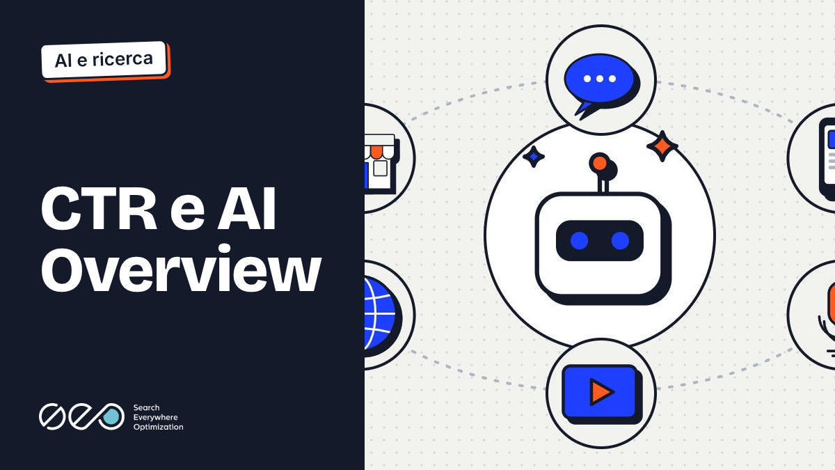 Copertina «CTR e AI Overview»: fondo scuro e, accanto, un robot al centro con intorno icone di chat e video